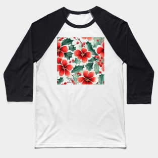 Christmas Red and Green Flowers with Holly Design on White Background Baseball T-Shirt